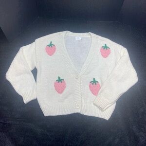 Luna Ivy Cardigan W SM V-Neck Button Closure Cream With Crochet Strawberries